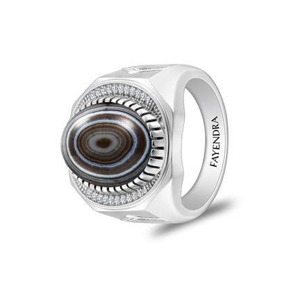 Sterling Silver 925 Ring Rhodium Plated Embedded With Cabochon Aqeeq Soleimani And White Zircon For Men