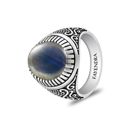 Sterling Silver 925 Ring Rhodium And Black Plated Embedded With Cabochon Labradorite For Men