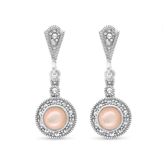 Sterling Silver 925 Earring Embedded With Natural Pink Shell And Marcasite Stones