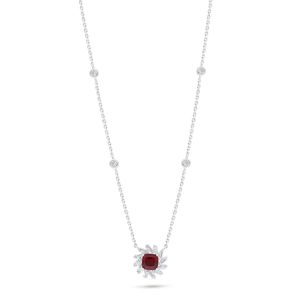 Sterling Silver 925 Necklace Rhodium Plated Embedded With Ruby Corundum And White Zircon