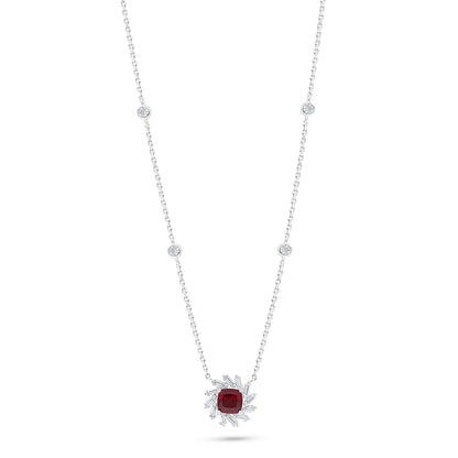 Sterling Silver 925 Necklace Rhodium Plated Embedded With Ruby Corundum And White Zircon