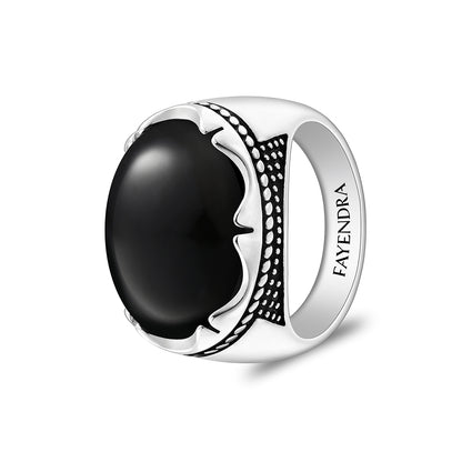 Sterling Silver 925 Ring Rhodium And Black Plated Embedded With Cabochon Natural Black Agate For Men