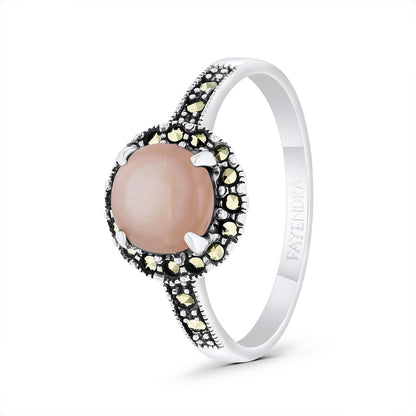 Sterling Silver 925 Ring Embedded With Natural Pink Shell And Marcasite Stones