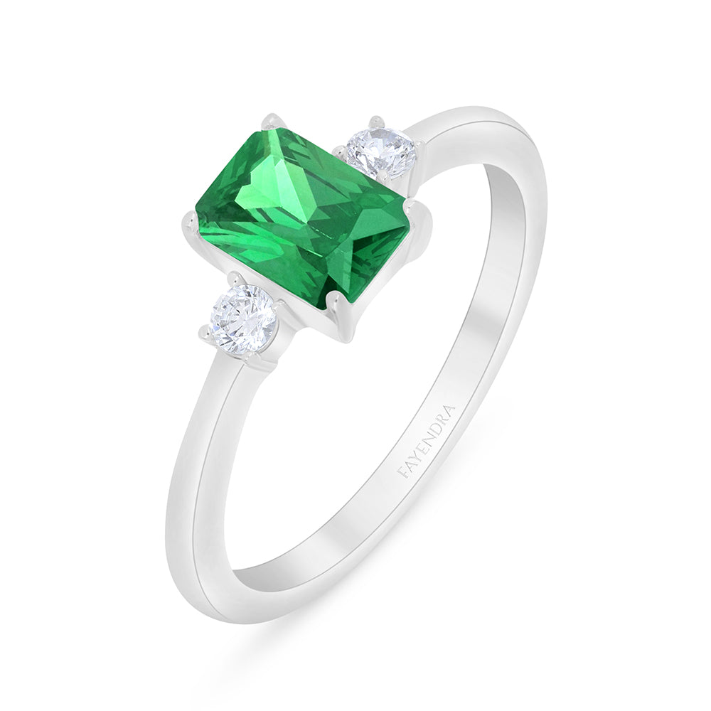 Sterling Silver 925 Ring Rhodium Plated Embedded With Emerald Zircon And White Zircon