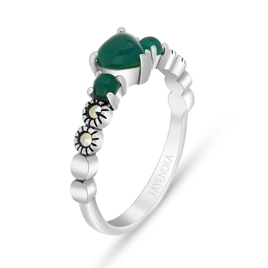 Sterling Silver 925 Ring Embedded With Natural Green Agate And Marcasite Stones