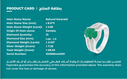 خاتم رجالي عيار 925 مطلي روديوم مرصع بحجر الزمرد الطبيعي و الالماس الطبيعي سي في دي جودة في في اس