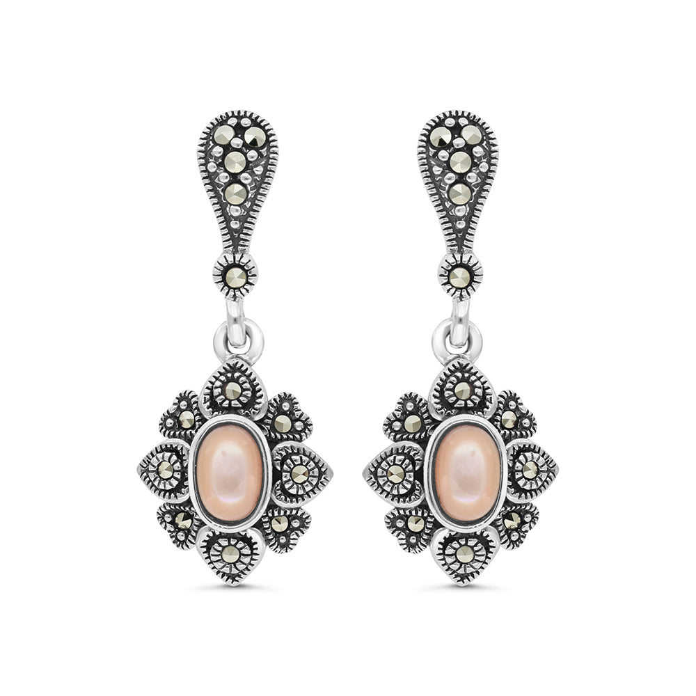 Sterling Silver 925 Earring Embedded With Natural Pink Shell And Marcasite Stones