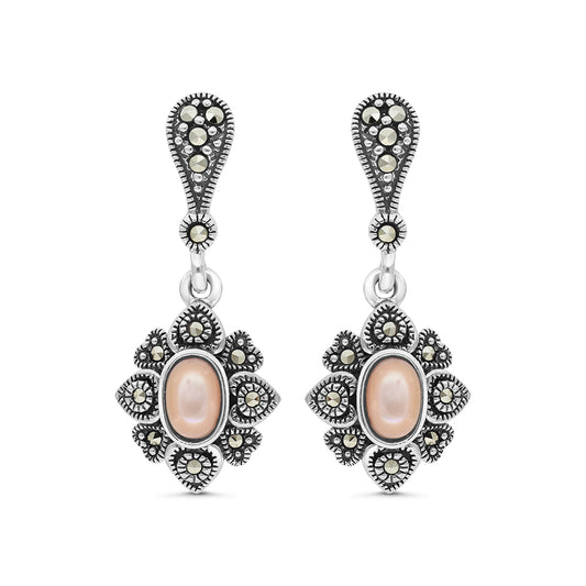 Sterling Silver 925 Earring Embedded With Natural Pink Shell And Marcasite Stones