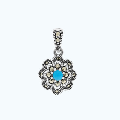 Sterling Silver 925 Pendant Embedded With Natural Processed Turquoise And Marcasite Stones