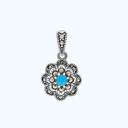 Sterling Silver 925 Pendant Embedded With Natural Processed Turquoise And Marcasite Stones