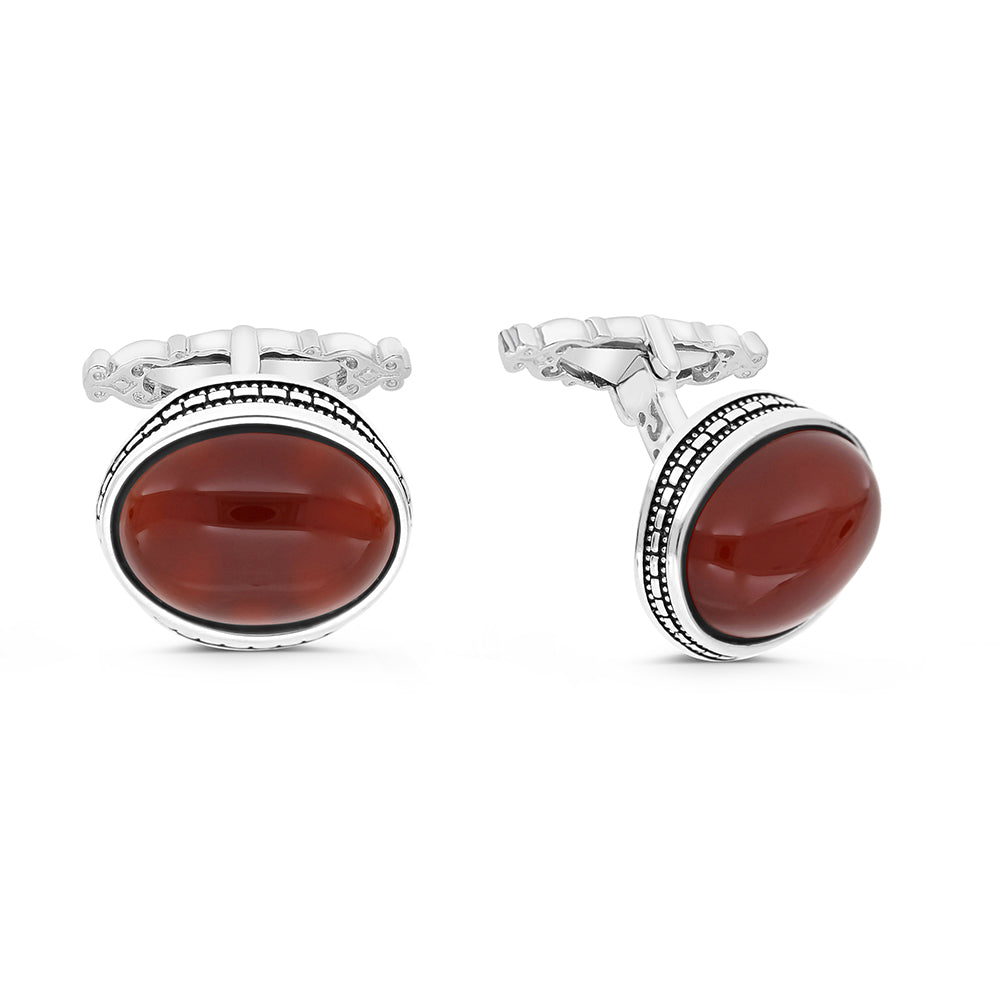 Sterling Silver 925 Cufflink Rhodium And Black Plated Embedded With Red Agate