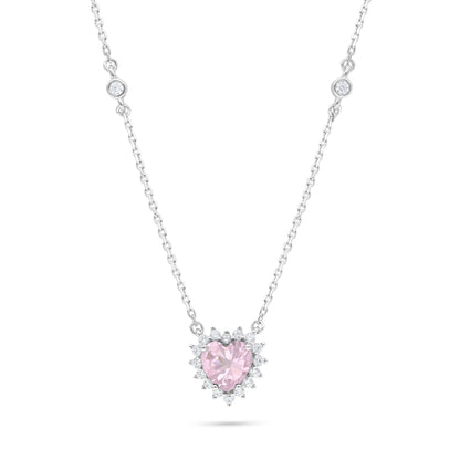 Sterling Silver 925 Necklace Rhodium Plated Embedded With Pink Zircon And White Zircon