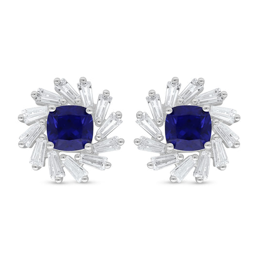 Sterling Silver 925 Earring Rhodium Plated Embedded With Sapphire Corundum And White Zircon