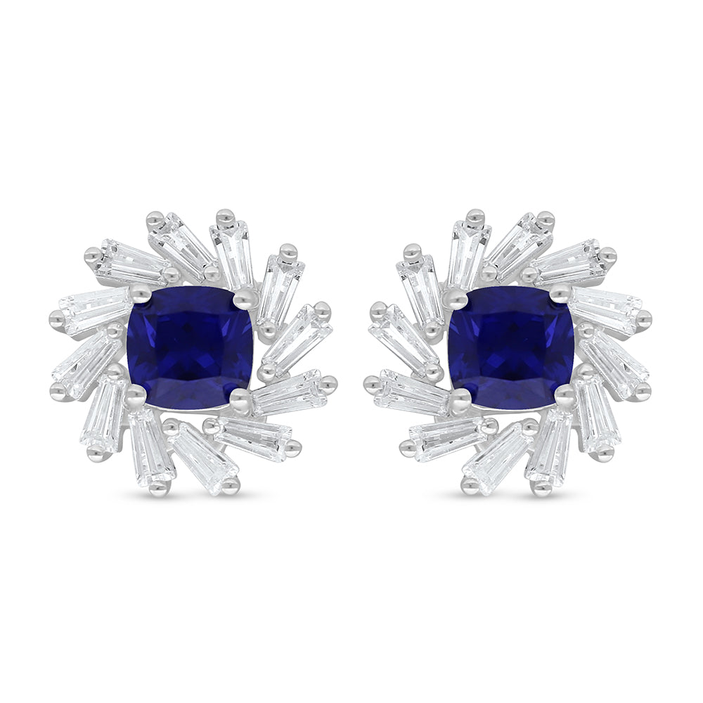 Sterling Silver 925 Earring Rhodium Plated Embedded With Sapphire Corundum And White Zircon