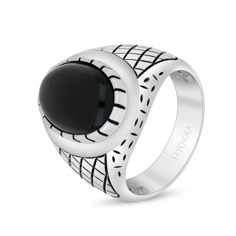 Sterling Silver 925 Ring Rhodium And Black Plated Embedded With Cabochon Black Agate For Men