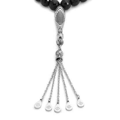 Rosary 33 Black Agete Beads Faceted 8 mm With Stainless Steel 316L Set Silver And Black Plated