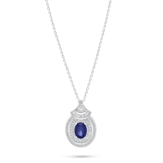 Sterling Silver 925 Necklace Rhodium Plated Embedded With Sapphire Corundum And White Zircon