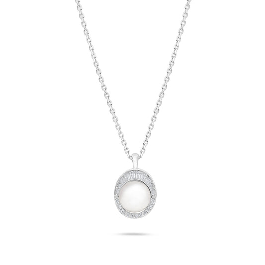 Sterling Silver 925 Necklace Rhodium Plated Embedded With Natural White Pearl And White Zircon