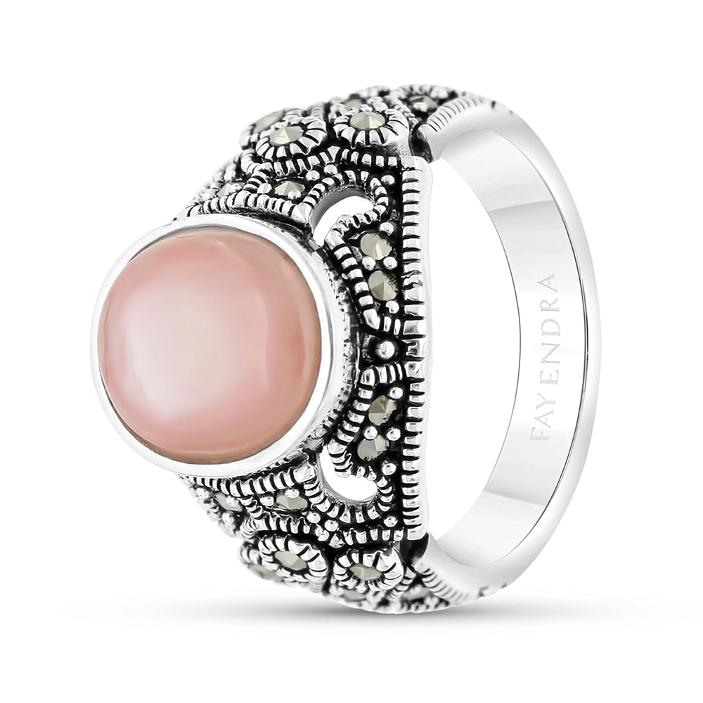 Sterling Silver 925 Set Embedded With Natural Pink Shell And Marcasite Stones
