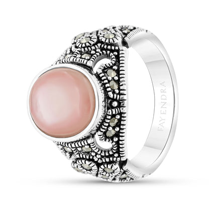 Sterling Silver 925 Set Embedded With Natural Pink Shell And Marcasite Stones