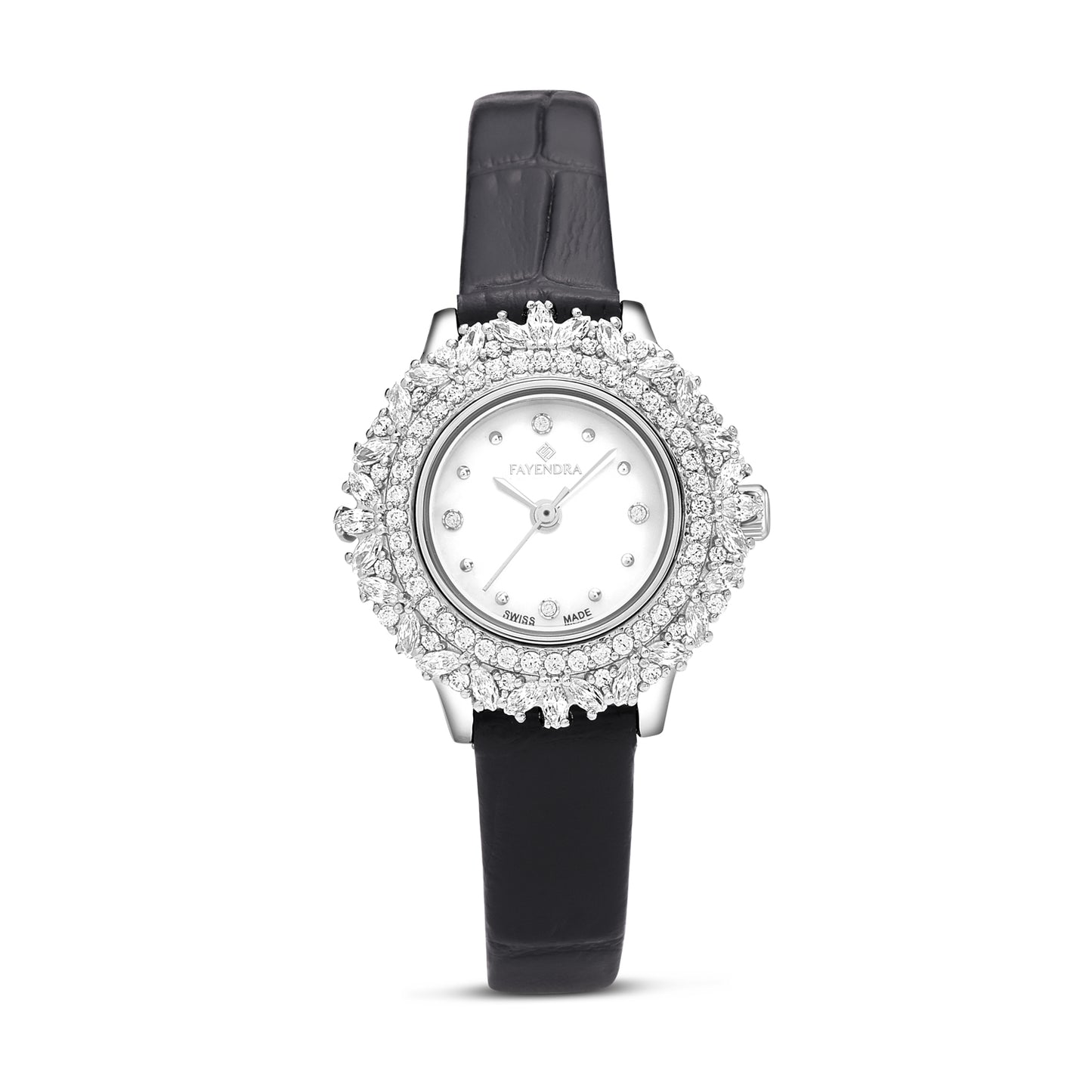Stainless Steel 316 Watch Silver Color Black Leather Embedded With White Zircon - WHITE MOP DIAL