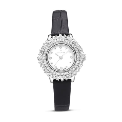 Stainless Steel 316 Watch Silver Color Black Leather Embedded With White Zircon - WHITE MOP DIAL