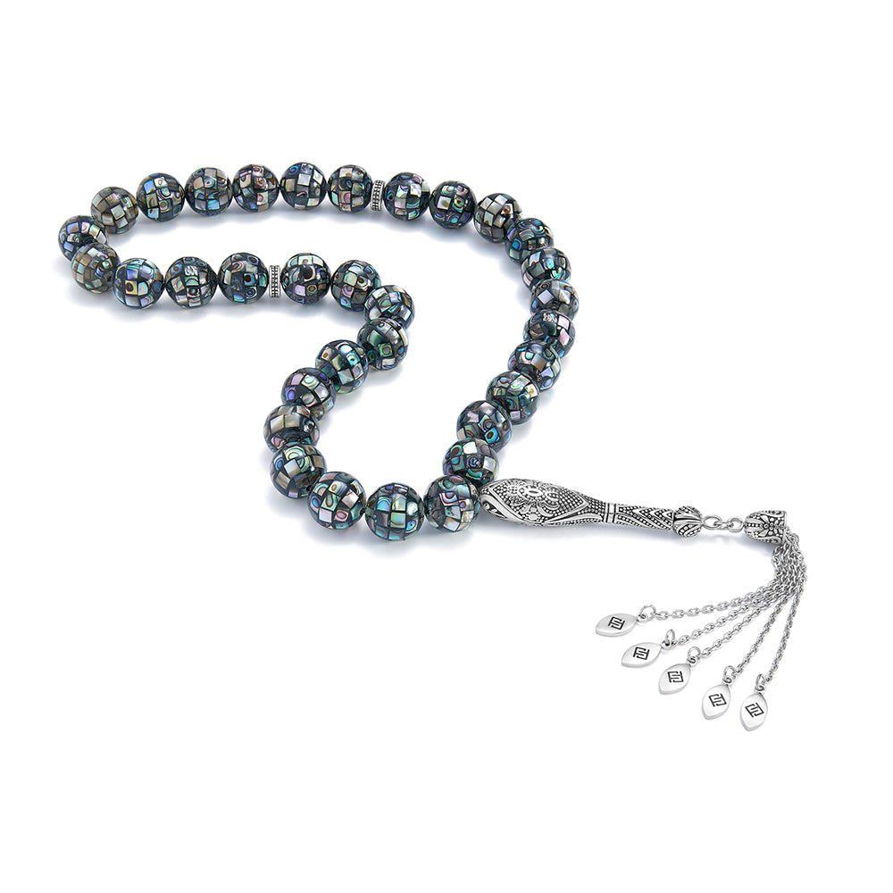 Rosary 33 Blue Shell Beads 12 mm With Stainless Steel 316L Set Silver And Black Plated