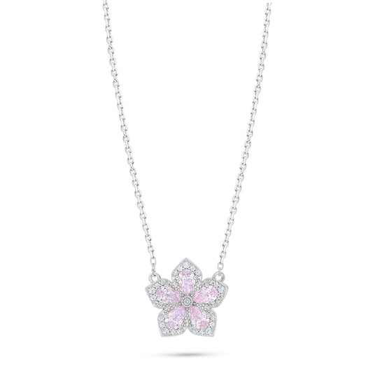 Sterling Silver 925 Necklace Rhodium Plated Embedded With pink Zircon And White Zircon