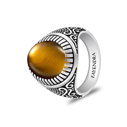 Sterling Silver 925 Ring Rhodium And Black Plated Embedded With Cabochon Yellow Tiger Eye For Men