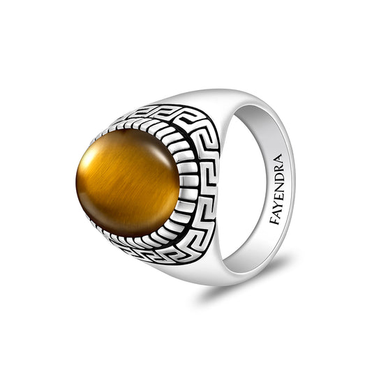 Sterling Silver 925 Ring Rhodium And Black Plated Embedded With Cabochon Yellow Tiger Eye For Men