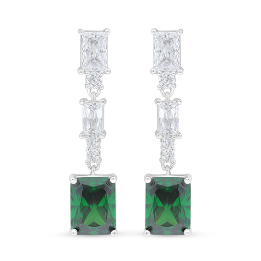 Sterling Silver 925 Earring Rhodium Plated Embedded With Emerald Zircon And White Zircon