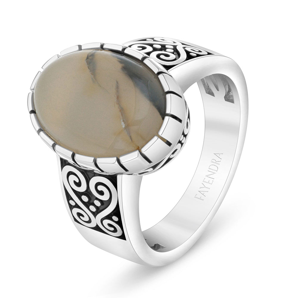 Sterling Silver 925 Ring Rhodium And Black Plated Embedded With Cabochon Natural Agate For Men