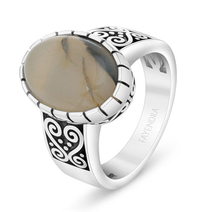 Sterling Silver 925 Ring Rhodium And Black Plated Embedded With Cabochon Natural Agate For Men