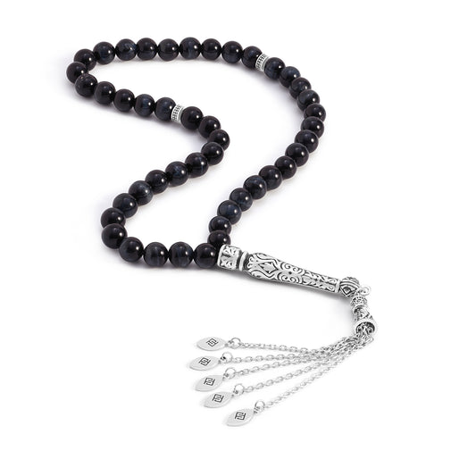 Blue Tiger Eye Rosary 45 Round Bead 8 MM With Stainless Steel 316L Set (Silver & Black Plated)