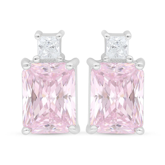 Sterling Silver 925 Earring Rhodium Plated Embedded With Pink Zircon And White Zircon