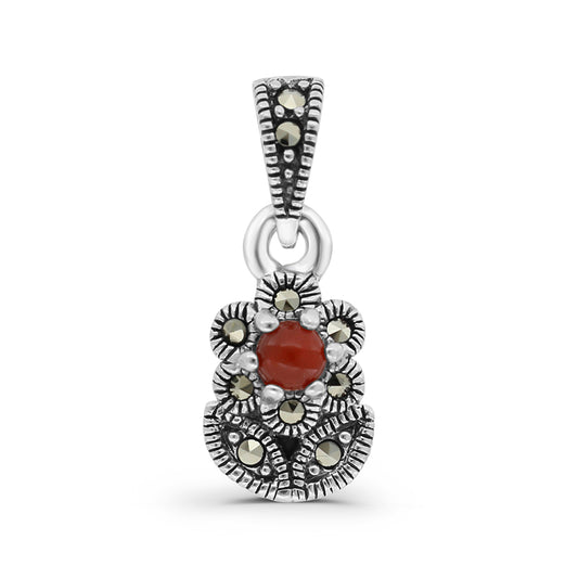 Sterling Silver 925 Pendant Embedded With Natural Aqiq And Marcasite Stones