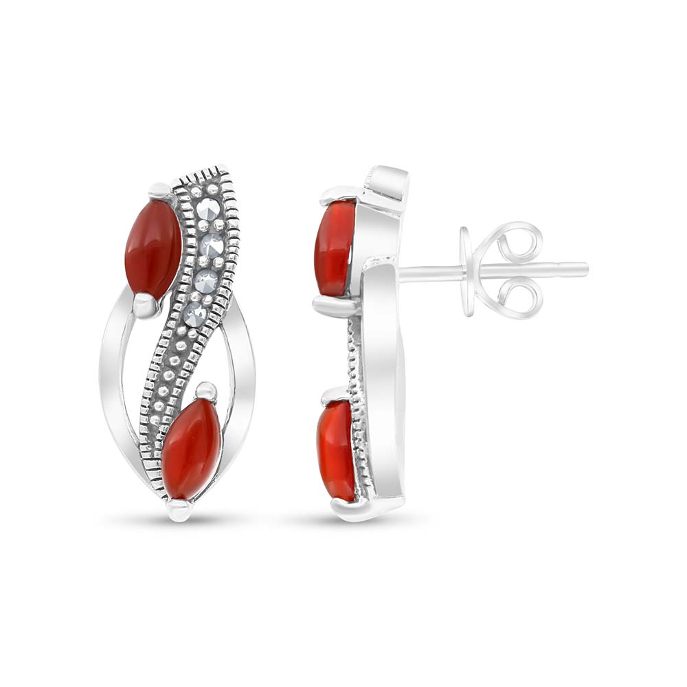 Sterling Silver 925 Earring Embedded With Natural Aqiq And Marcasite Stones