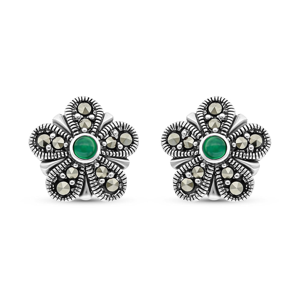 Sterling Silver 925 Earring Embedded With Natural Green Agate And Marcasite Stones
