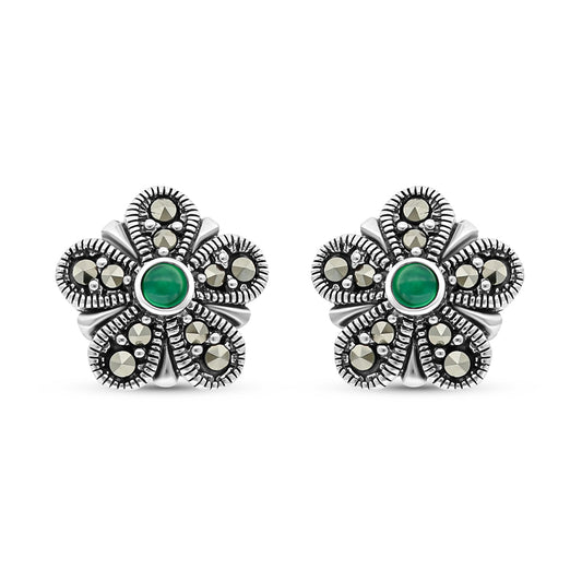 Sterling Silver 925 Earring Embedded With Natural Green Agate And Marcasite Stones