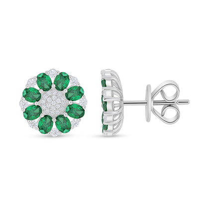 Sterling Silver 925 Earring Rhodium Plated Embedded With Emerald Zircon And White Zircon