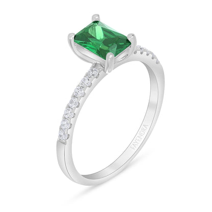 Sterling Silver 925 Ring Rhodium Plated Embedded With Emerald Zircon And White Zircon