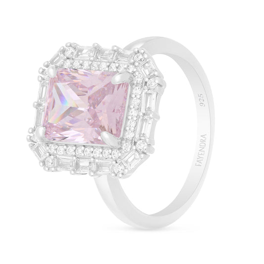 Sterling Silver 925 Ring Rhodium Plated Embedded With Pink Zircon And White Zircon