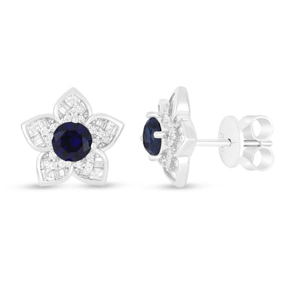 Sterling Silver 925 Earring Rhodium Plated Embedded With Sapphire Corundum And White Zircon