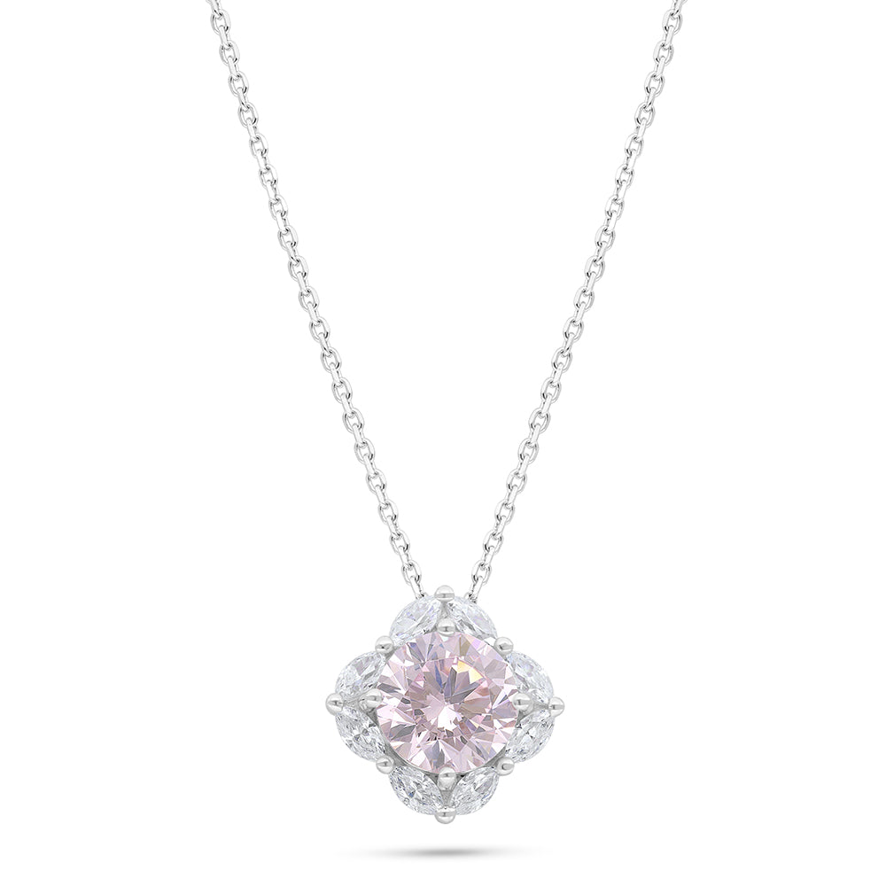 Sterling Silver 925 Necklace Rhodium Plated Embedded With Pink Zircon And White Zircon
