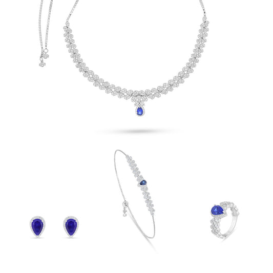 Sterling Silver 925 Set Rhodium Plated Embedded With Sapphire Corundum And White Zircon
