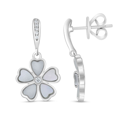 Sterling Silver 925 Earring Rhodium Plated Embedded With White Shell And White Zircon