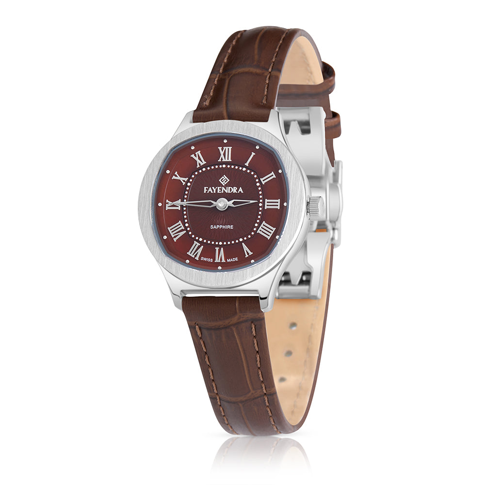 ساعة ستانلس ستيل عيار  L316 بلون فضي جلد بني - مينا حجر صدف ام اللالئ البني