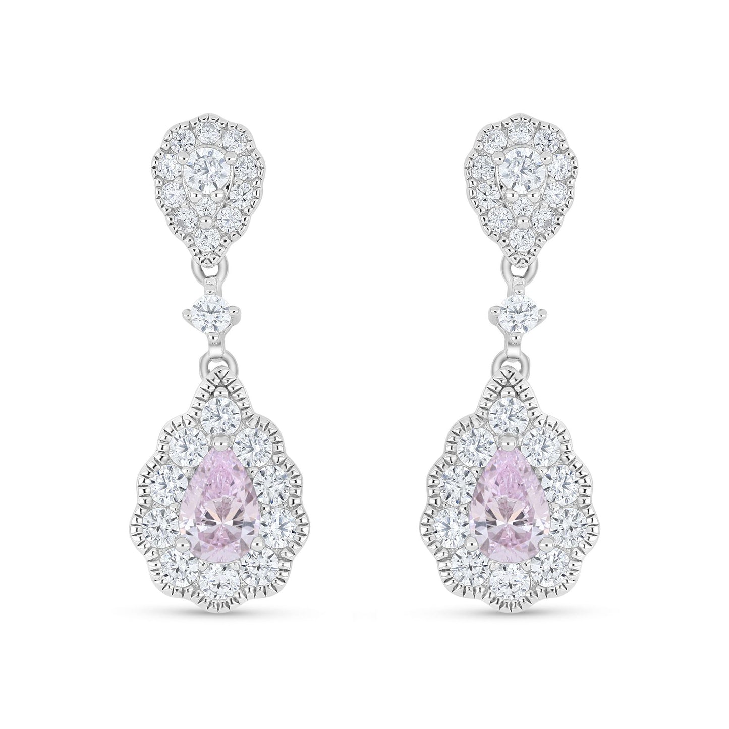 Sterling Silver 925 Earring Rhodium Plated Embedded With Pink Zircon And White Zircon