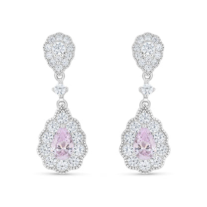 Sterling Silver 925 Earring Rhodium Plated Embedded With Pink Zircon And White Zircon