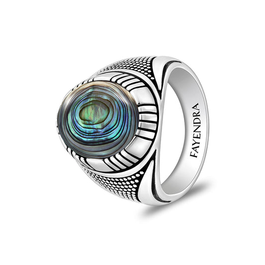 Sterling Silver 925 Ring Rhodium And Black Plated Embedded With Cabochon Paua Shell For Men